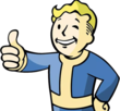 Vault-Boy, desenho de um homem branco e loiro que é mascote de um jogo chamado fallout.