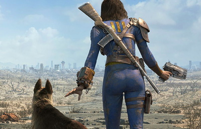 Mulher armada, com seu cachorro olhando para o horizonte.